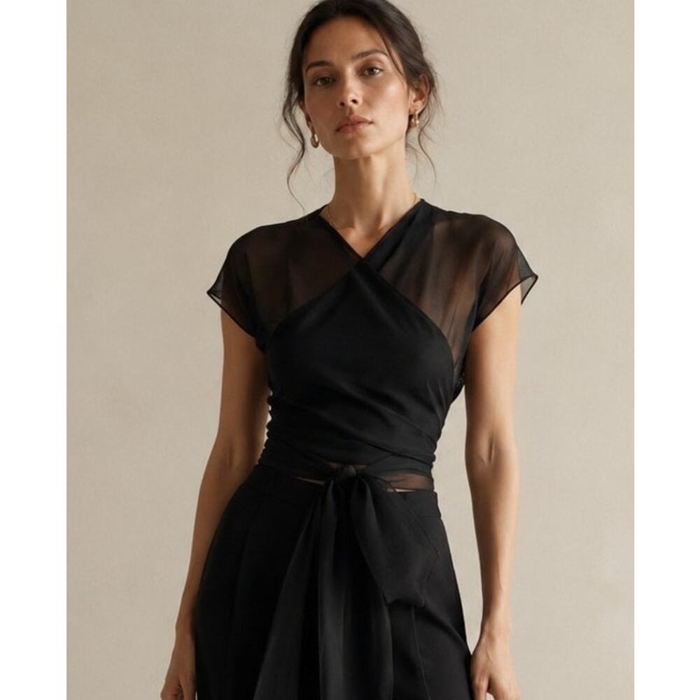 Morgane Le Fay Sheer Chiffon Tie Front Wrap Top Size M Black Ethereal Whimsigoth